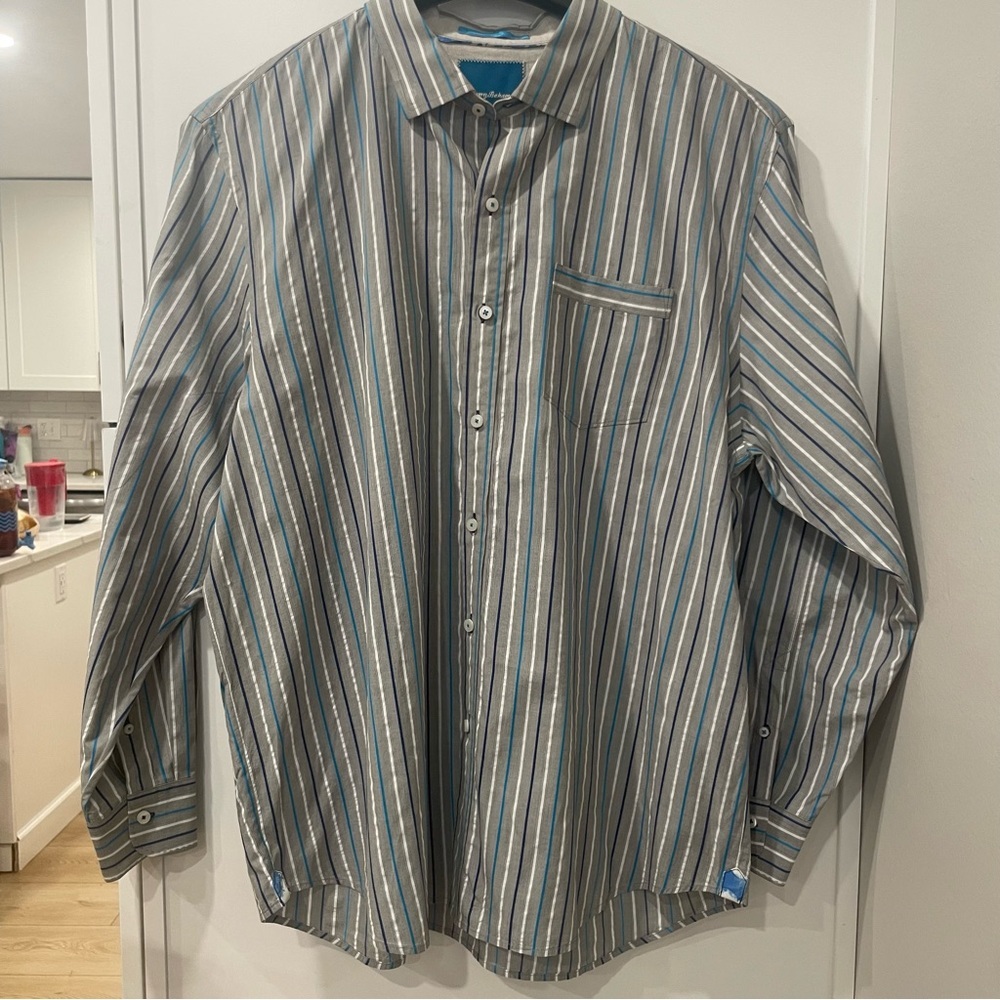 Tommy Bahama Blue and Gray Striped Button Down 100% Cotton Shirt Size XXL